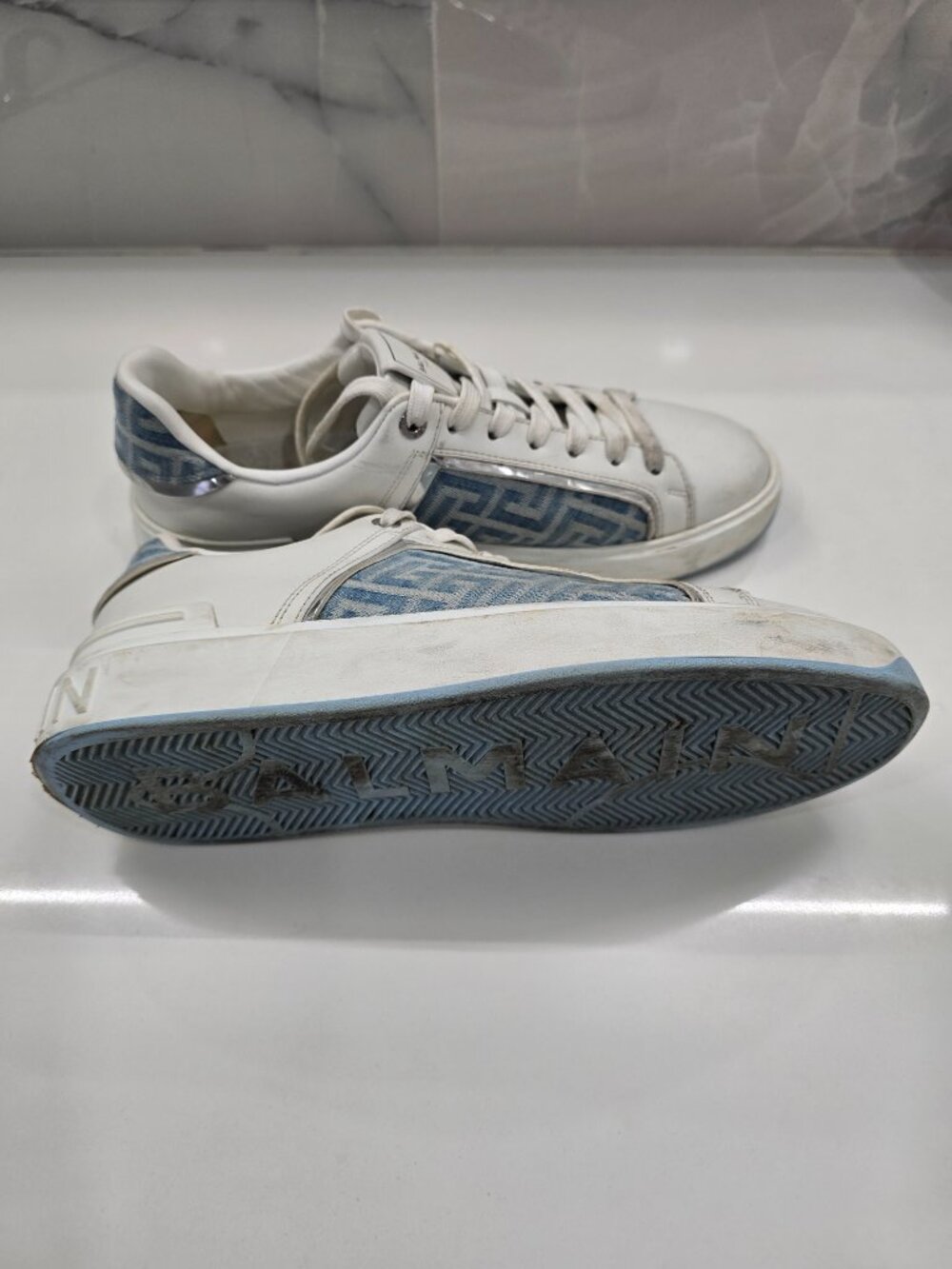 Balmain B-Court Monogramed Denim Leather Sneaker - Picture 6 of 8
